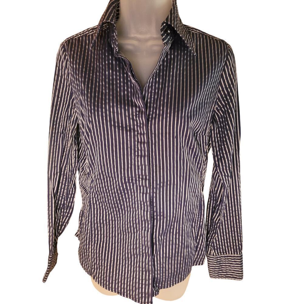 New York & Co Women Silver/Navy Shirt Long Sleeve Button Up Sz‎ S